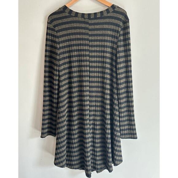Entro Ribbed Jersey Striped Swing Dress Womens Large Green Black Long Sleeve - Picture 2 of 7